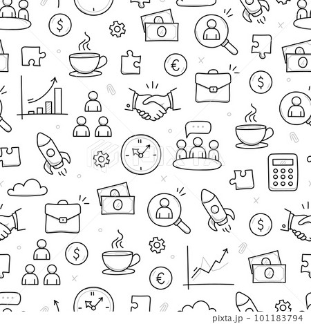Business job icon doodle seamless pattern background. Business teamwork, office, career concept doodle line sketch style pattern with money, rocket, calculator element. Vector Business job icon doodle seamless pattern background. Business teamwork, office, career concept doodle line sketch style pattern with money, rocket, calculator element. Vector 101183794