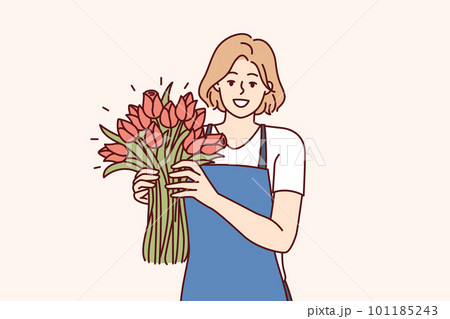 Positive woman flower seller stands with luxurious bouquet and smiling looks at camera Positive woman flower seller stands with luxurious bouquet and smiling looks at camera 101185243