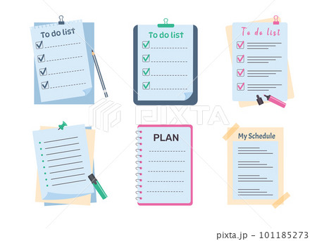 Set of planners, memo paper sheets, sticky note, reminder, to do list, pins, markers. Office schedule templates. 101185273