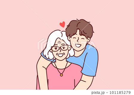 Noble guy teenager hugging elderly grandmother showing love and care for ancestors Noble guy teenager hugging elderly grandmother showing love and care for ancestors 101185279