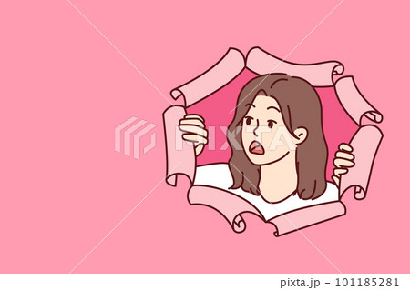 Shocked woman peeks out of hole in torn paper and looks away after seeing unexpected discount  101185281