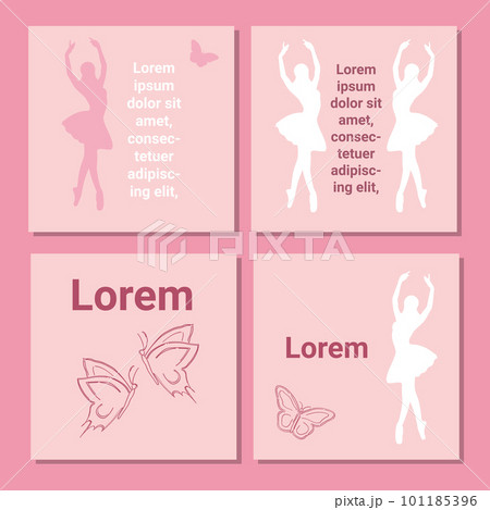 Set of theatre ticket design. Ballet flyer template. Ballerina silhouette in the tutu and pointe shoe with butterfly. Pink card design with copy space text. Vector illustration 101185396