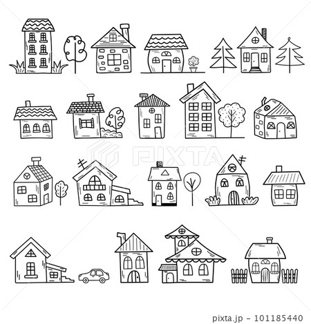 Doodle home set. Hand drawn cute houses of different shapes and types. Doodle home set. Hand drawn cute houses of different shapes and types. 101185440