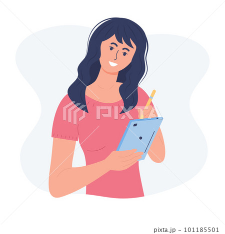 Woman with tablet. Female character writing with a digital pencil on a tablet. Girl graphic designer, illustrator, digital artist or freelancer drawing with a stylus pen on a tablet. Woman with tablet. Female character writing with a digital pencil on a tablet. Girl graphic designer, illustrator, digital artist or freelancer drawing with a stylus pen on a tablet. 101185501