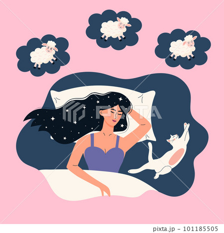 Girl with hair in stars is lying in bed with white cat. Young woman falling asleep, dreaming and counting sheep. Dream cloud with jumping lambs. Healthy sleeping, sweet dreams, pet, home, comfort, res Girl with hair in stars is lying in bed with white cat. Young woman falling asleep, dreaming and counting sheep. Dream cloud with jumping lambs. Healthy sleeping, sweet dreams, pet, home, comfort, res 101185505
