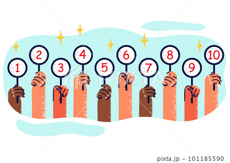 Peoples hands with plates with numbers from one to ten are designed to evaluate results competition Peoples hands with plates with numbers from one to ten are designed to evaluate results competition 101185590