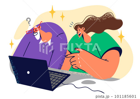 Elderly man is learning how to use laptop and internet under supervision of female teacher Elderly man is learning how to use laptop and internet under supervision of female teacher 101185601