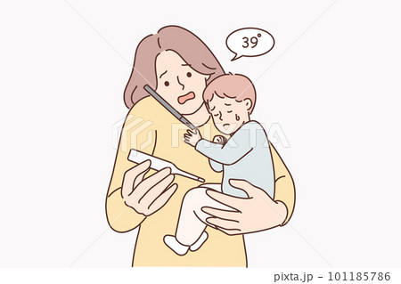 Woman with sick baby holding thermometer and calling pediatrician doctor or calling ambulance Woman with sick baby holding thermometer and calling pediatrician doctor or calling ambulance 101185786