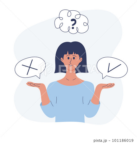 Girl making yes or no choice, thinking about this or that decision. The concept of idea, brainstorm, business decisions, thinking, solution, hard choice, dilemma. Girl making yes or no choice, thinking about this or that decision. The concept of idea, brainstorm, business decisions, thinking, solution, hard choice, dilemma. 101186019