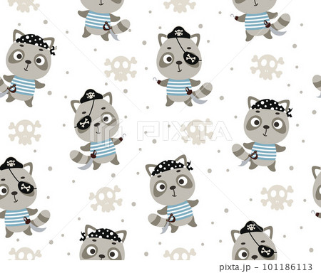 Cute little pirate raccoon seamless childish pattern. Funny cartoon animal character for fabric, wrapping, textile, wallpaper, apparel. Vector illustration 101186113