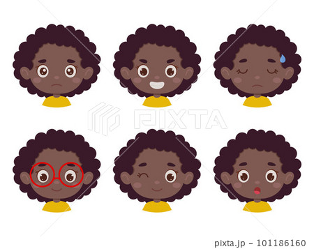 Cute cartoon little kid african girl in various expressions and gesture. Cartoon child character showing different emotions. Vector illustration 101186160
