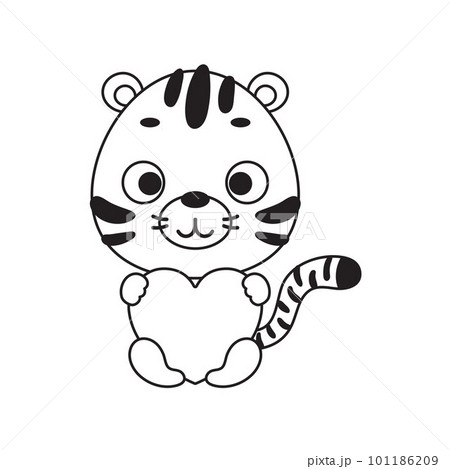 Coloring page cute little tiger holds heart. Coloring book for kids. Educational activity for preschool years kids and toddlers with cute animal. Vector stock illustration 101186209