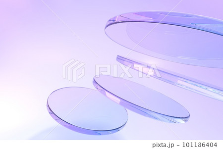 Flying crystal or glass disks on purple abstract geometric background 3d render. Iridescent transparent plates, circle panels with flare and light refraction from prism, wallpaper. 3D illustration 101186404