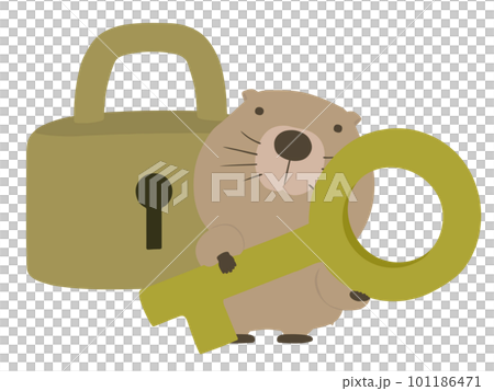 南京錠の前で鍵を持つビーバー 101186471