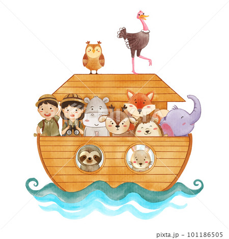 Noah 's ark with many wildlife animals . The flood concept . Realistic watercolor paint with paper textured . Cartoon character design . Vector . 101186505