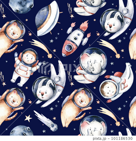 Astronaut seamless pattern. Universe kids Baby boy girl elephant, fox cat and bunny, space suit, cosmonaut stars, planet, moon, rocket and shuttle watercolor space ship background Astronaut seamless pattern. Universe kids Baby boy girl elephant, fox cat and bunny, space suit, cosmonaut stars, planet, moon, rocket and shuttle watercolor space ship background 101186530