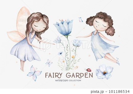 Fairy and Flowers watercolor isolated kids illustration for girls. Cartoon pink magic girl baby shower poster. Happy Birthday kid card Fairy and Flowers watercolor isolated kids illustration for girls. Cartoon pink magic girl baby shower poster. Happy Birthday kid card 101186534