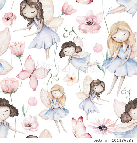Fairy and Flowers watercolor seamless girls nursery pattern. Cartoon pink magic girl baby background. Faitytale textile art Fairy and Flowers watercolor seamless girls nursery pattern. Cartoon pink magic girl baby background. Faitytale textile art 101186538