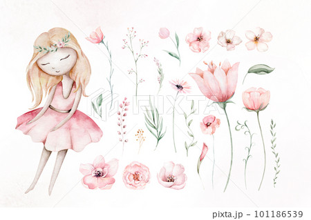 Fairy and Flowers watercolor isolated kids illustration for girls. Cartoon pink magic girl baby shower poster. Happy Birthday kid card Fairy and Flowers watercolor isolated kids illustration for girls. Cartoon pink magic girl baby shower poster. Happy Birthday kid card 101186539