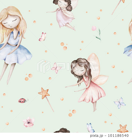 Fairy and Flowers watercolor seamless girls nursery pattern. Cartoon pink magic girl baby background. Faitytale textile art Fairy and Flowers watercolor seamless girls nursery pattern. Cartoon pink magic girl baby background. Faitytale textile art 101186540
