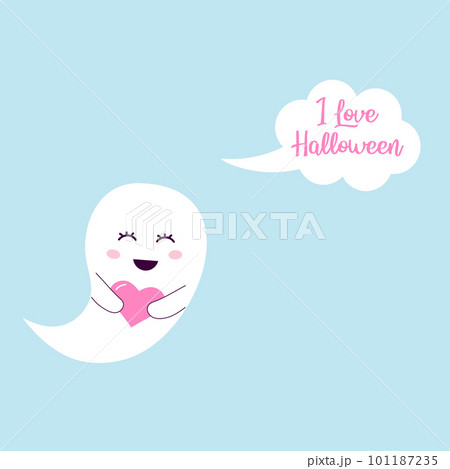 Cute ghost with a heart and speech bubble. I love Halloween. Halloween card. Cute ghost with a heart and speech bubble. I love Halloween. Halloween card. 101187235