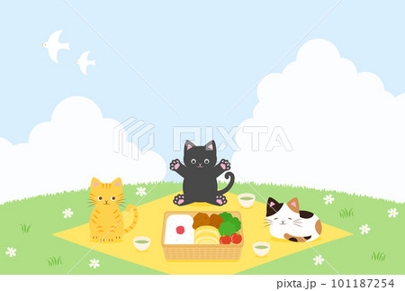 お弁当を広げてピクニックする猫たちの背景イラスト 101187254