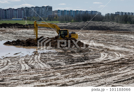 excavator in construction site. excavator in construction site. 101188066