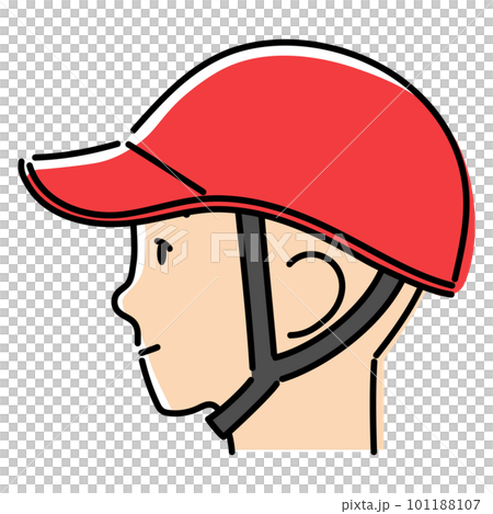 A simple illustration of the profile of a person wearing a hat-shaped bicycle helmet 101188107