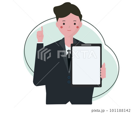 タブレットを見せて笑顔で説明をするビジネスマン。人差し指を挙げて解説する男性	 101188142