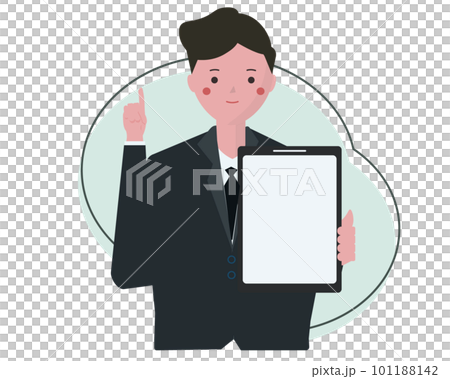 タブレットを見せて笑顔で説明をするビジネスマン。人差し指を挙げて解説する男性	 101188142
