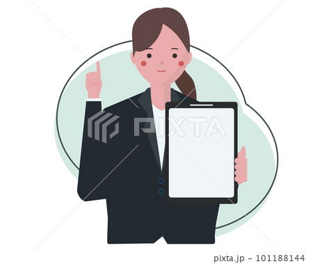 タブレットを見せて笑顔で説明をするビジネスウーマン。人差し指を挙げて解説する女性	 101188144