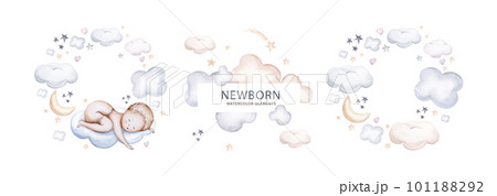 Watercolor newborn Baby Shower greeting card with babies boy. Birthday set of new born baby and pregrand women invitation. 101188292