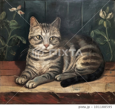 old 18th century worn painting of a gray striped cat old 18th century worn painting of a gray striped cat 101188595