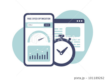 Page speed optimization concept. Boost website performance with fast page load speed. Smartphone with timer, accelerometer indicator, chart and graph illustration for SEO and digital marketing visuals Page speed optimization concept. Boost website performance with fast page load speed. Smartphone with timer, accelerometer indicator, chart and graph illustration for SEO and digital marketing visuals 101189262