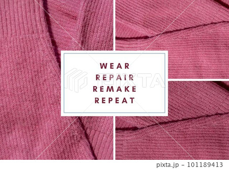WEAR REPAIR REMAKE REPEAT text on background of before and after repairing pink sweater with Anti-pilling razor. Sustainability lifestyle fashion, reducing clothing waste recycling. Electric portable WEAR REPAIR REMAKE REPEAT text on background of before and after repairing pink sweater with Anti-pilling razor. Sustainability lifestyle fashion, reducing clothing waste recycling. Electric portable 101189413