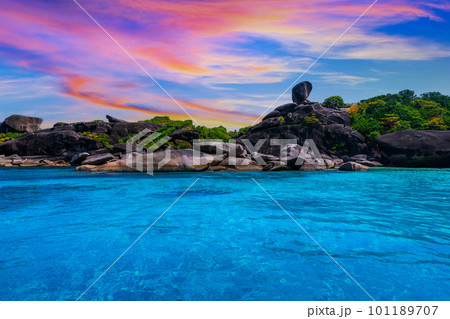 Sailboat rock with white sand beach at Similan island, Phang Nga, Thailand. Sailboat rock with white sand beach at Similan island, Phang Nga, Thailand. 101189707