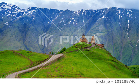 Gergeti Trinity Church (Tsminda Sameba) in Kazbegi, Georgia. 101189740