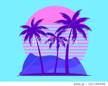 Palm trees against a pink sun in the style of the 80s. Synthwave and 80s style retrowave. Design for advertising brochures, banners, posters, travel agencies. Vector illustration 101190406