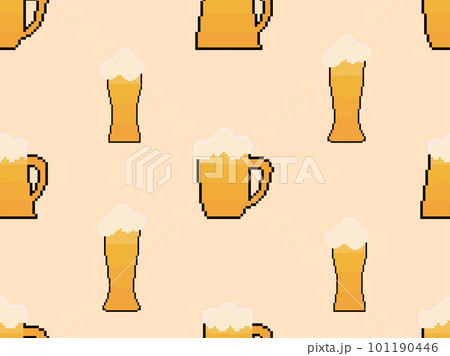 Pixel glasses of beer seamless pattern. Beer with foam in glasses. Graphic style of video games from the 90s. Design of 8 bit beer mug design for app, banner and advertising. Vector illustration 101190446