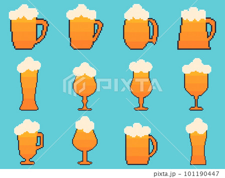 Pixel glasses of beer set isolated on blue background. Beer with foam in glasses. Graphic style of video games from the 90s. 8 bit beer mug design for app, banner and advertising. Vector illustration 101190447