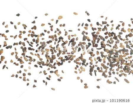 Fish Tank decorative Rock stone gravel fly explosion fall, brown stone rock explode abstract cloud fly, splash in air for ground floor. White background isolated high speed shutter freeze shot 101190616