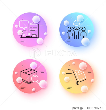 Search package, Push cart and Inventory report minimal line icons. 3d spheres or balls buttons. Engineering team icons. For web, application, printing. Vector 101190749