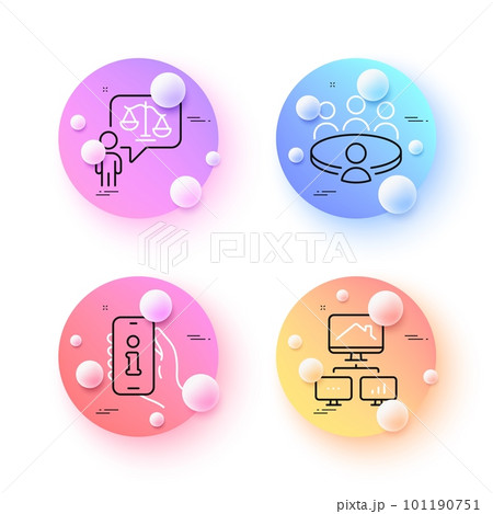 Meeting, Lawyer and Work home minimal line icons. 3d spheres or balls buttons. Support icons. For web, application, printing. Human resource, Court judge, Freelance work. Phone info. Vector 101190751