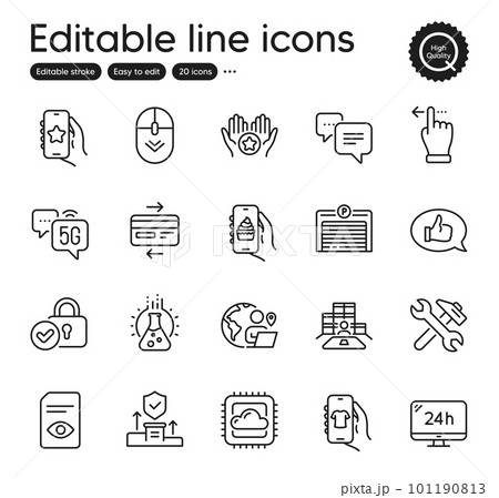 Set of Technology outline icons. Contains icons as Parking garage, Food app and View document elements. Feedback, Verified locker, Favorite web signs. Shop app, 24h service. Vector 101190813