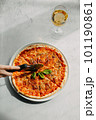 Traditional Italian pizza, vegetables, ingredients on a light background.Pizza menu. View from above. Place for text. 101190861