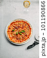 Traditional Italian pizza, vegetables, ingredients on a light background.Pizza menu. View from above. Place for text. 101190866