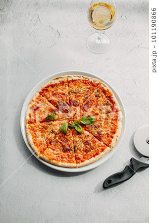 Traditional Italian pizza, vegetables, ingredients on a light background.Pizza menu. View from above. Place for text. 101190866