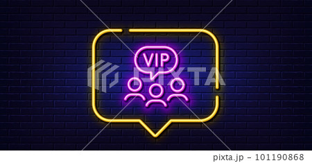 Neon light speech bubble. Vip clients line icon. Very important person sign. Member club privilege symbol. Neon light background. Vip clients glow line. Brick wall banner. Vector Neon light speech bubble. Vip clients line icon. Very important person sign. Member club privilege symbol. Neon light background. Vip clients glow line. Brick wall banner. Vector 101190868