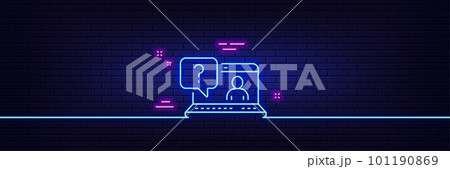 Neon light glow effect. Question mark line icon. Online faq support sign. 3d line neon glow icon. Brick wall banner. Faq outline. Vector 101190869