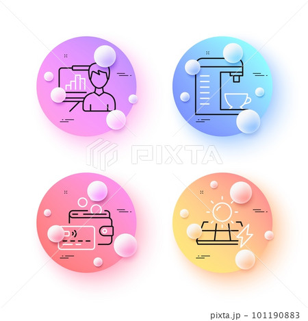 Solar panels, Presentation board and Card minimal line icons. 3d spheres or balls buttons. Coffee machine icons. For web, application, printing. Electric power, Growth chart, Money wallet. Vector 101190883